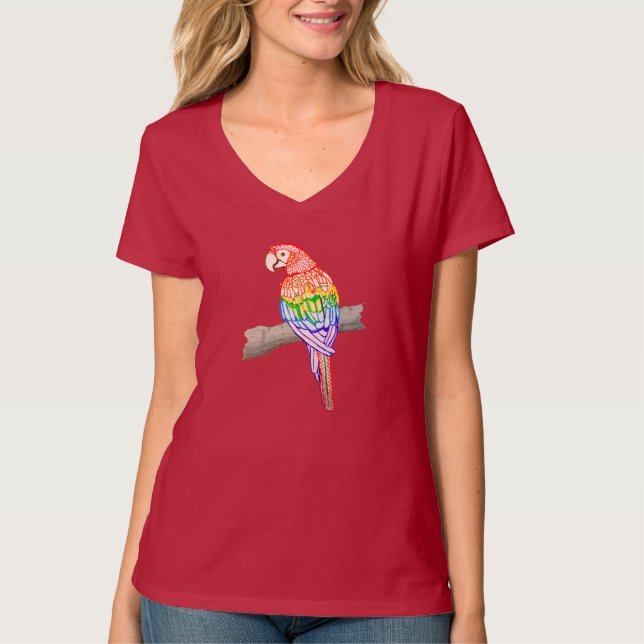 Women’s Parrot Design red V-neck t-shirt (Front)