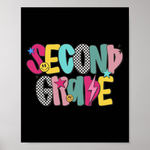 Women Second Grade Chequered Teacher Retro Back To Poster