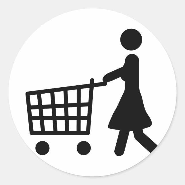 women shopping black trolly classic round sticker (Front)