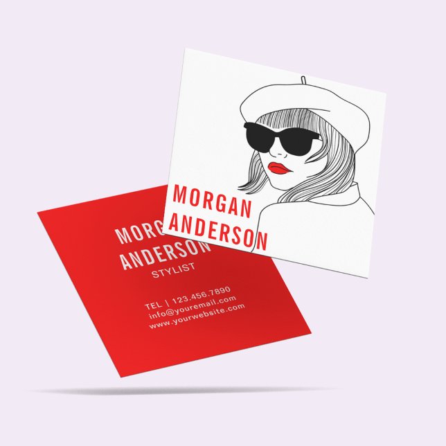 Women Silhouette Red & White feminine Fashion Square Business Card (Creator Uploaded)