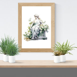 Women Statue in Garden Watercolor White Floral Poster