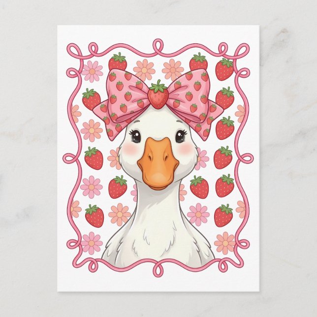 Women Strawberry Goose Summer Bow Postcard (Front)