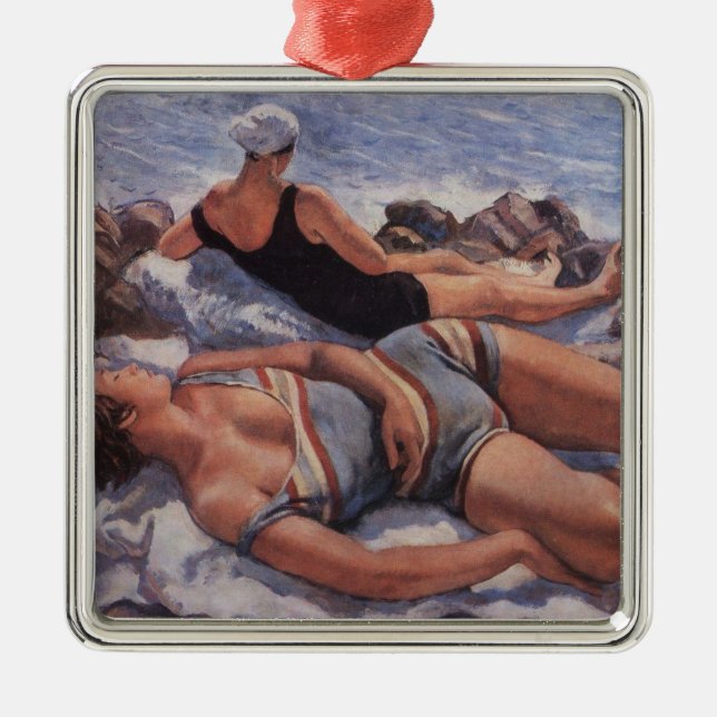 Women Sunbathing on the Beach (by Serebriakova) Metal Tree Decoration (Front)