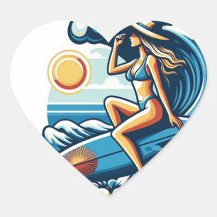 Women Surf Heart Sticker