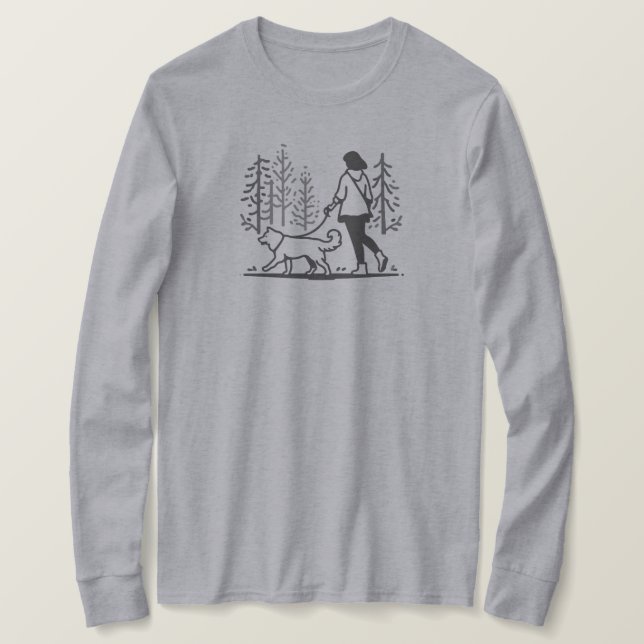Women Walking Her Dog Through Trees - Long Sleeve  T-Shirt (Design Front)