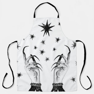 Women witch background with stars, witch hands wit apron