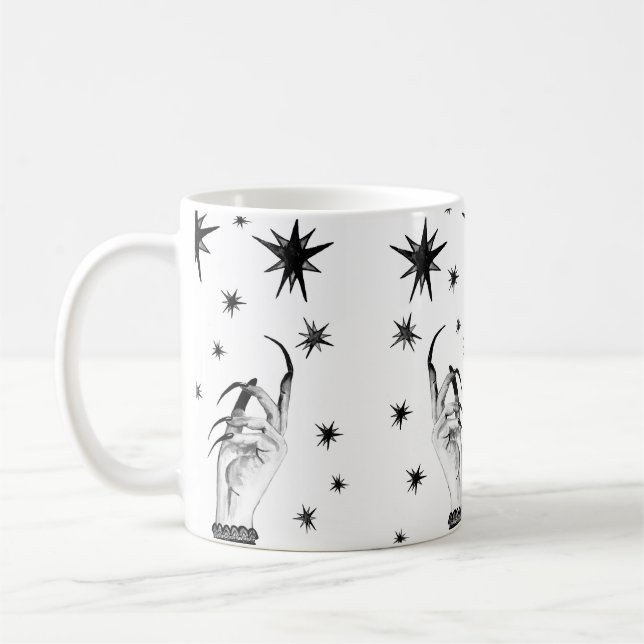 Women witch background with stars, witch hands wit coffee mug (Left)