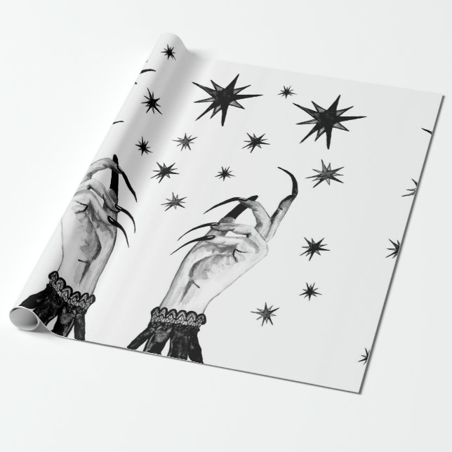 Women witch background with stars, witch hands wit wrapping paper (Unrolled)