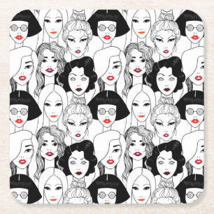 Women With Lipstick Pattern Square Paper Coaster