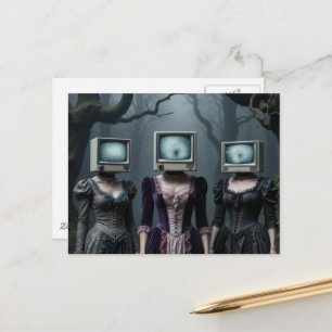 Women With Vintage Television Heads Haunted Forest Postcard