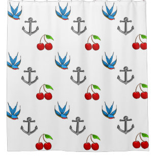 Women's 1950's Bluebird Cherry Anchor Pattern Shower Curtain
