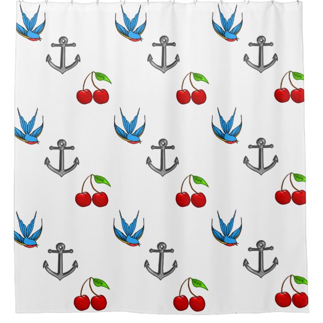 Women's 1950's Bluebird Cherry Anchor Pattern Shower Curtain (Front)