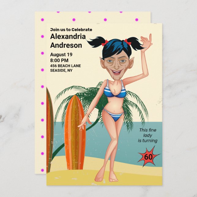 Women's 60th Birthday 🎉 Beach Bikini Party Invitation (Front/Back)