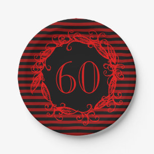 Women's 60th Birthday Black Red Swirly Paper Plate