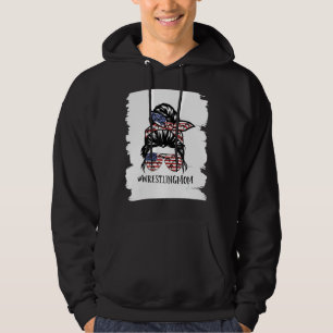 Womens America Flag Messy Bun Wrestling Mum Life M Hoodie