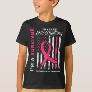 Womens American Flag Pink Awareness 16 Year Breast T-Shirt