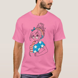 Womens Anime Girl With American Flag Veterans Day T-Shirt