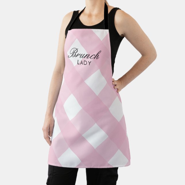Women's Apron Pink Check with Brunch Lady (Insitu)
