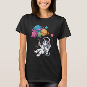 Womens Astronaut Cat Holding Planet Balloons Outer T-Shirt