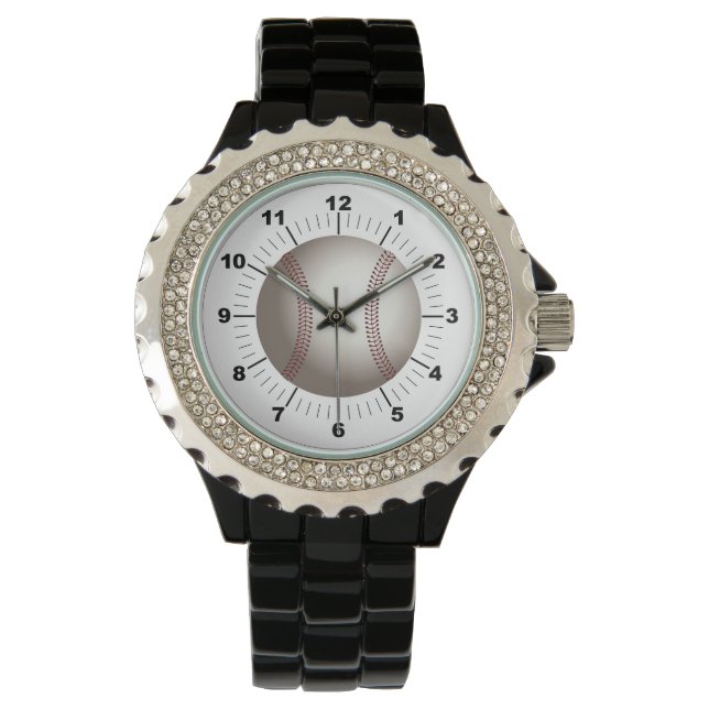 Women's Baseball Rhinestone Black Enamel Watch (Front)