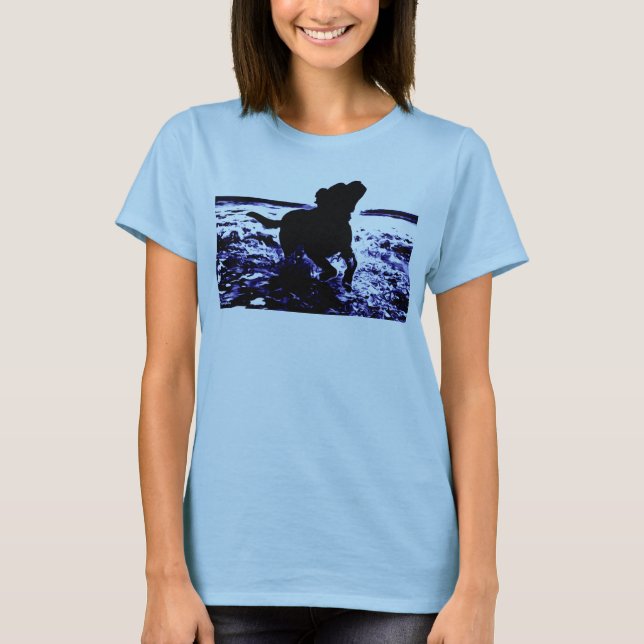 Womens basic t-shirt black lab playing in water (Front)