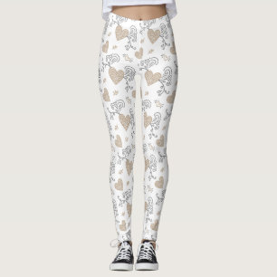 Women's Beige/Gold Heart Leggings Valentines