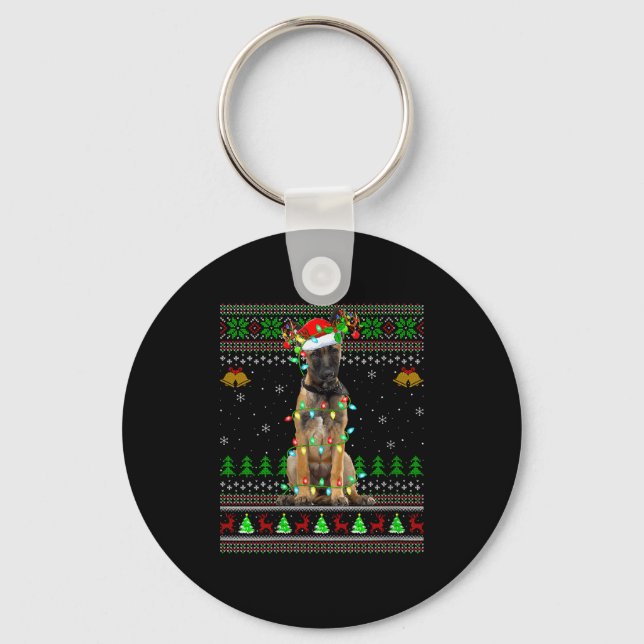 Womens Belgian Malinois Dog Ugly Christmas Sweater Key Ring (Front)