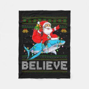 Womens Believe Xmas Funny Santa Riding Shark Ugly Fleece Blanket