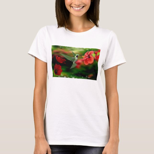 Womens bella ringer tshirt with a hummingbird (Front)