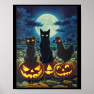 Womens Black Cat Dog Chicken Halloween Pumpkin Poster