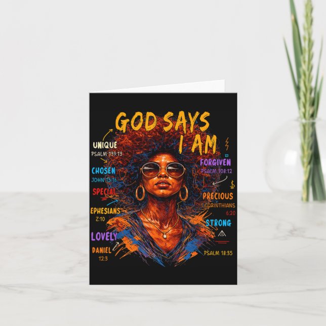 Womens Black Girl Queen God Says I Am Melanin Hist Card (Front)