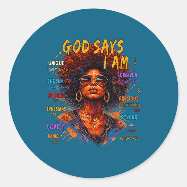 Womens Black Girl Queen God Says I Am Melanin Hist Classic Round Sticker (Front)