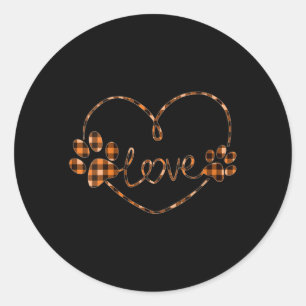 Womens Black Orange Plaid Dog Paw Heart Love Classic Round Sticker