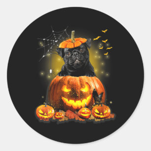 Womens Black Pug Spooky Halloween Pumpkin Dog Head Classic Round Sticker