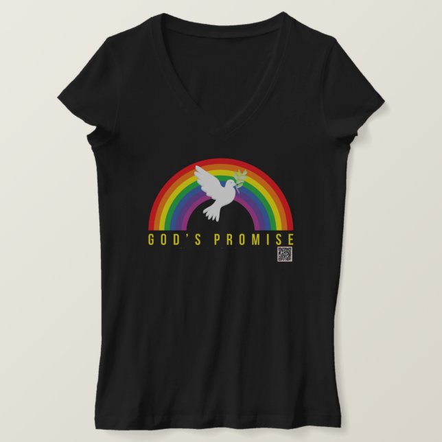 Women's Black V T-Shirt Rainbow God's Promise Dove (Design Front)