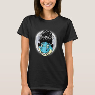 Womens Blue Dinosaur messy bun hair with spider we T-Shirt
