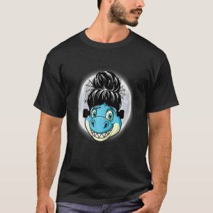 Womens Blue Dinosaur messy bun hair with spider we T-Shirt