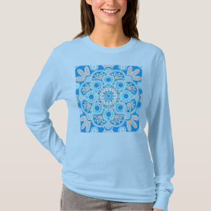 Women's blue long sleeve tile pattern T- Shirt
