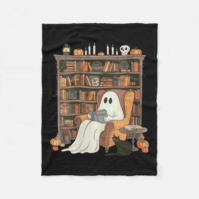 Womens Bookish Ghost Haunted Library Cat Bookworm  Fleece Blanket (Front)