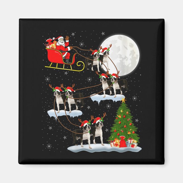 Womens Boston Terrier Dog Santa Sleigh Flying Funn Magnet (Front)