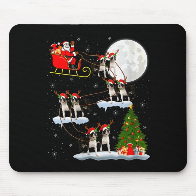 Womens Boston Terrier Dog Santa Sleigh Flying Funn Mouse Pad (Front)