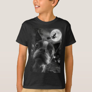 Womens Boston Terrier Selfie Full Moon Flying T-Shirt