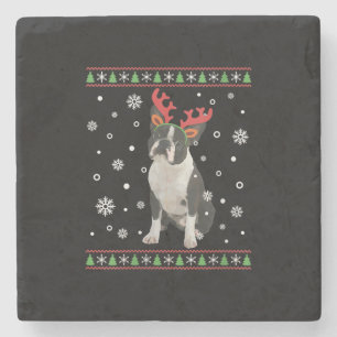 Womens Boston Terrier Xmas Ugly Christmas Sweater Stone Coaster