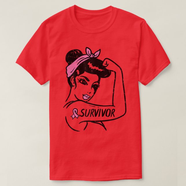 Womens Breast Cancer Survivor Rosie Riveter Pink A T-Shirt (Design Front)