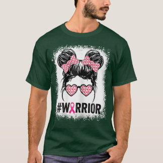 Womens Breast Cancer Warrior Messy Bun Leopard Ble T-Shirt