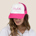 Womens Bridesmaid Bachelorette Party Team Hot Pink Trucker Hat<br><div class="desc">Custom Add Image Text Here Clothing Apparel Template Personalised Women's White And Hot Pink Bachelorette Party Bridesmaid Name Baseball & Trucker Hats.</div>