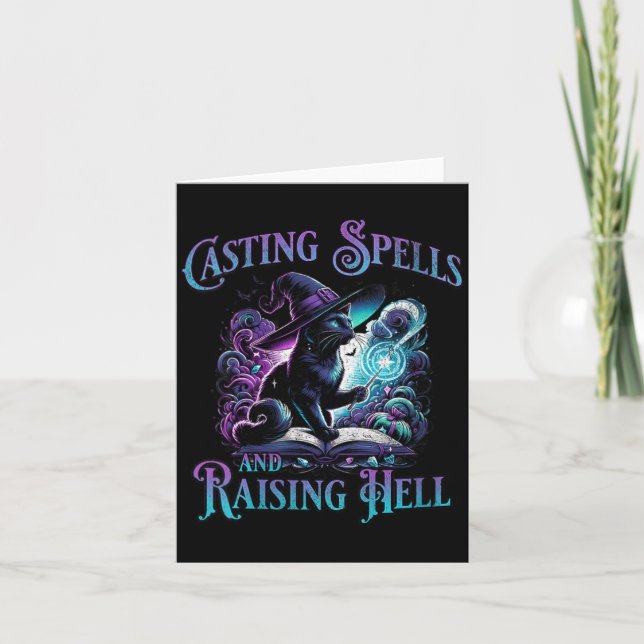 Womens Casting Spells And Raising Hell Black Cat Card (Front)