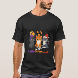Womens Cat Halloween Christmas Happy Hallothanksma T-Shirt