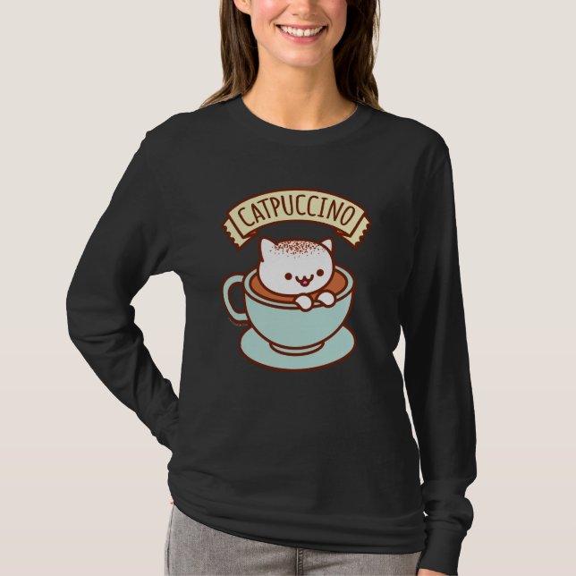 Women's Cat T-Shirt Long Sleeve  - "CATPUCCINO" (Front)