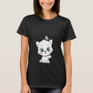 Womens Cat With Big Eyes And Birds What Sings V-Ne T-Shirt